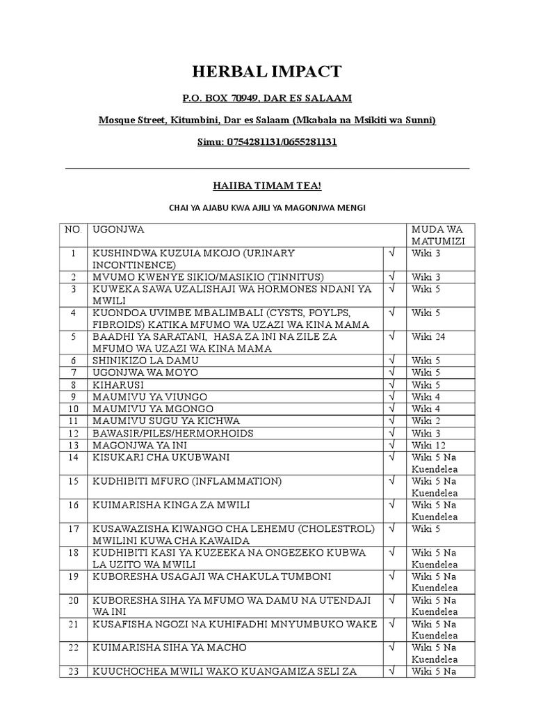 Haiiba Timam Tea - Orodha Ya Magonjwa Yanayotibiwa Na Hii Chai | PDF