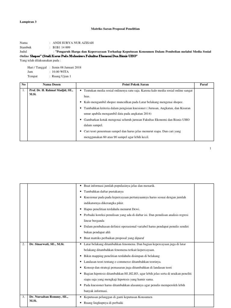 Matriks Saran Proposal Penelitian | PDF