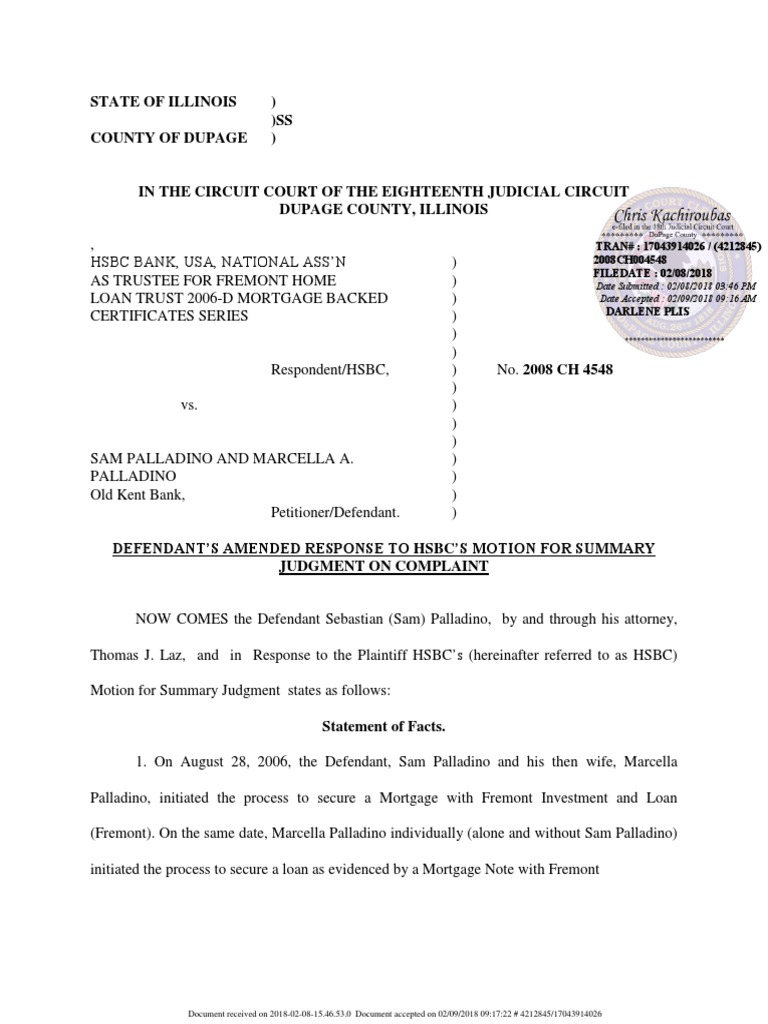 How To Beat HSBC & Fremont 20180208 Court Stamped Response To Motion