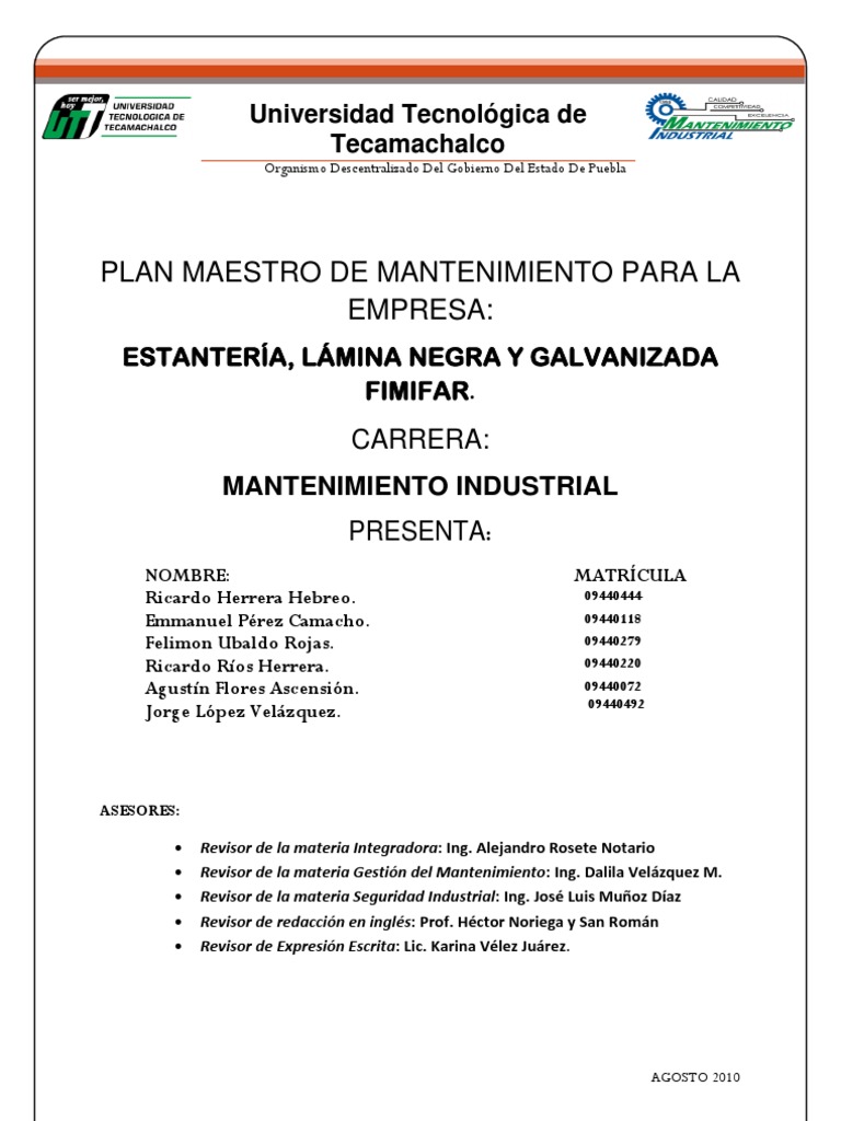 Ejemplo de Plan Maestro de Mantenimiento