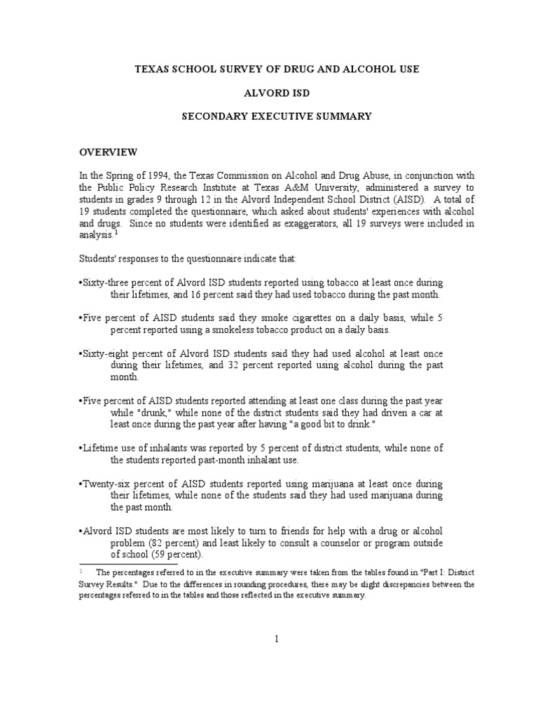 Alvord Isd 1994 Texas School Survey of Drug and Alcohol Use PDF