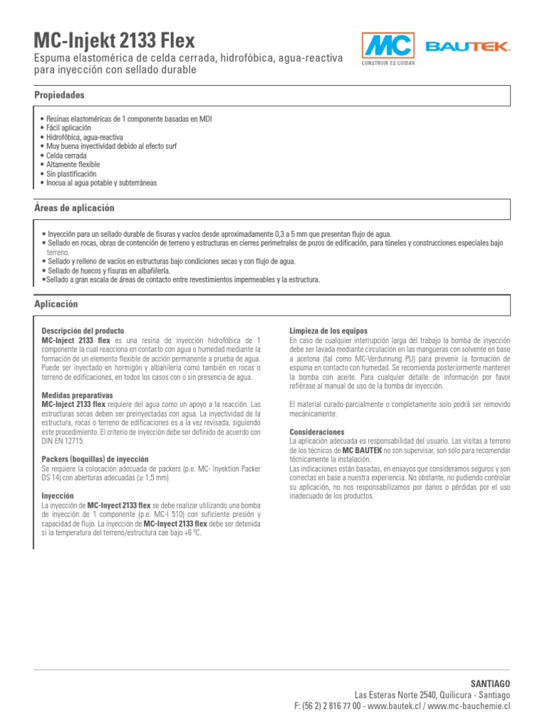 Resina MC-Inject 2133 Flex: Sellado Durable | PDF | Agua | Productos ...
