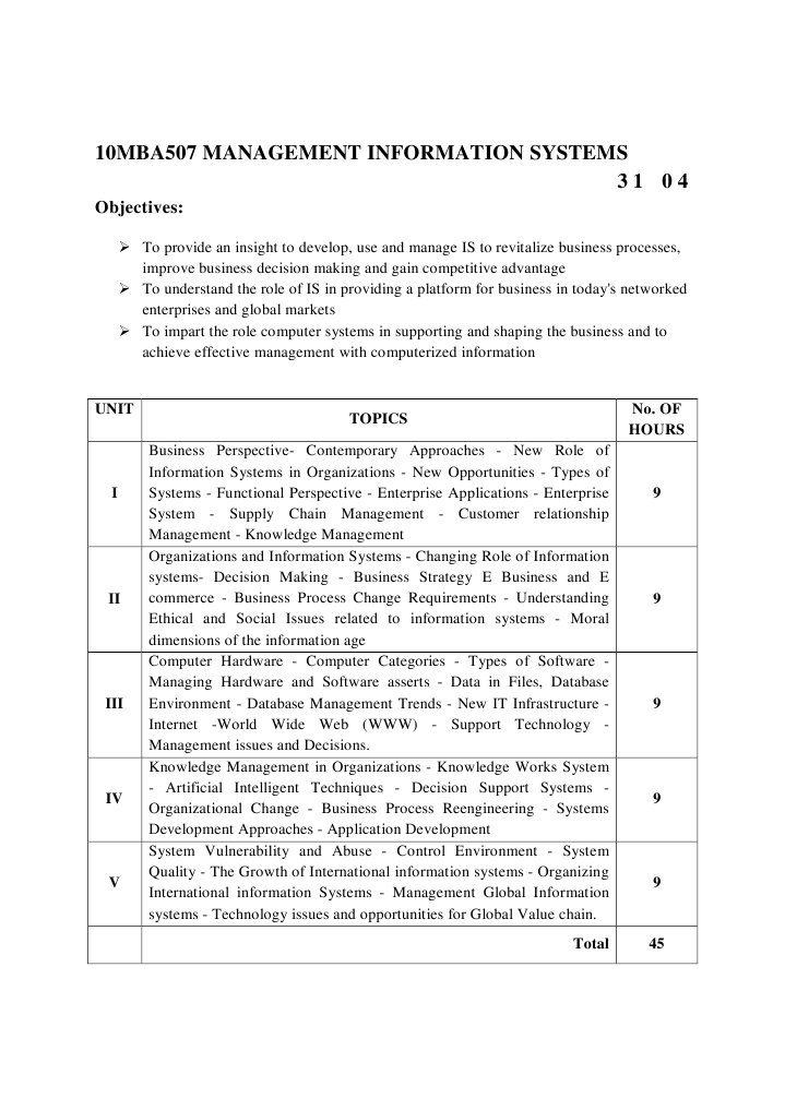 MIS Syllabus Overview for MBA 10 | PDF | Information System | System