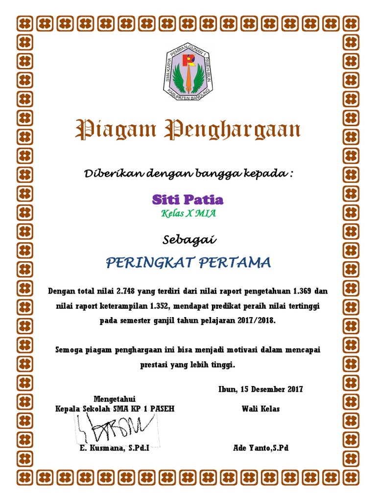 Piagam Penghargaan Semester 2