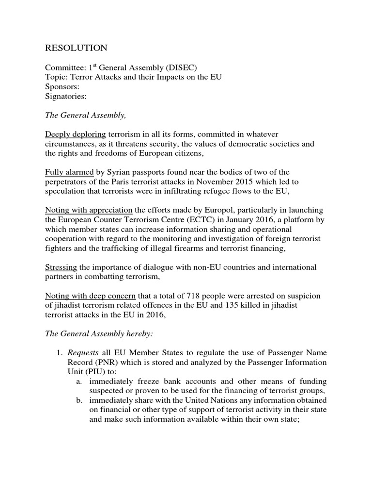 Example MUN Resolution PDF Counter Terrorism Victimology