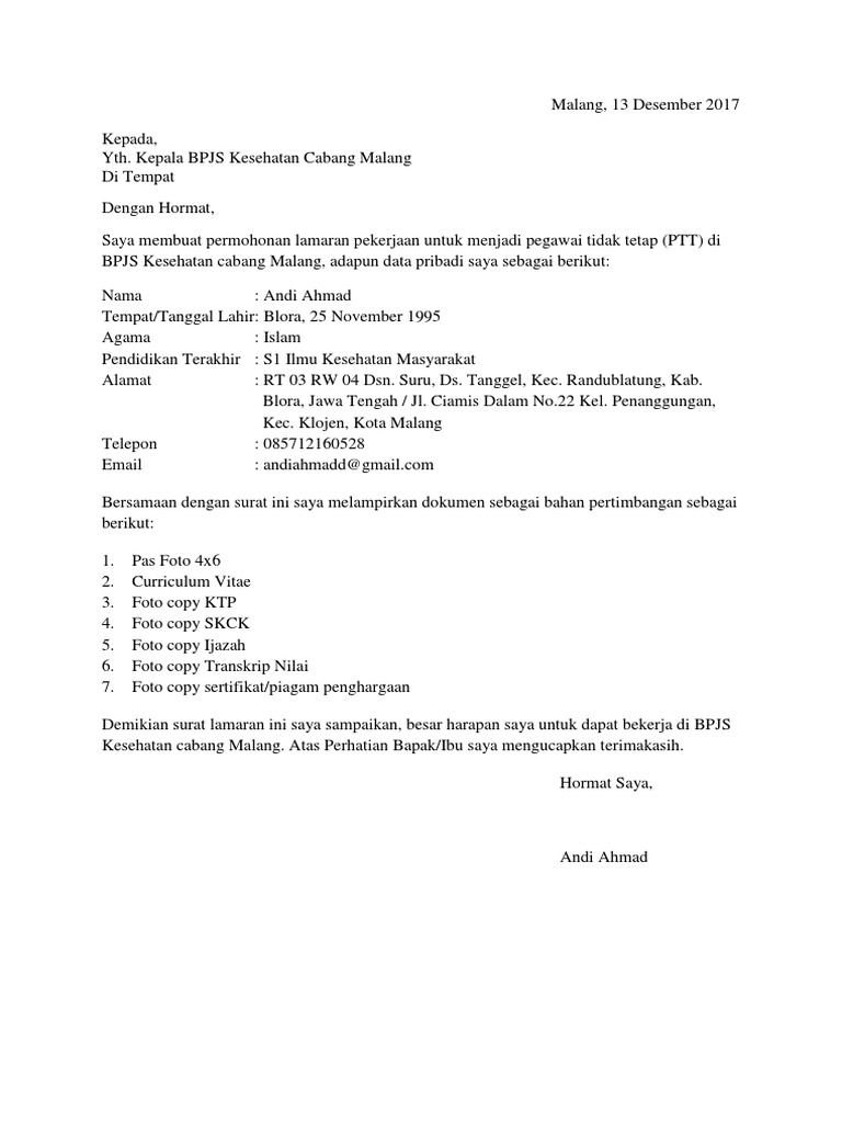 Surat Lamaran Bpjs Malang Pdf