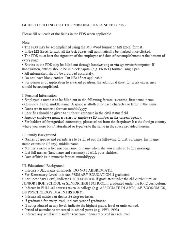 Guide To Filling Out The Personal Data Sheet | PDF | Academic Degree ...