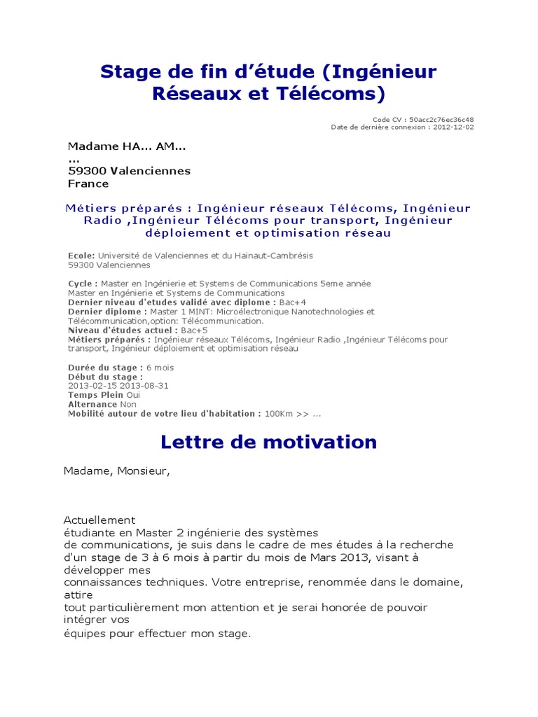 Lettre De Motivation Ingénieur Télécom Pdf