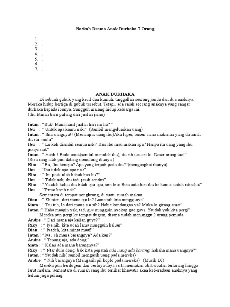 Naskah Drama Anak Durhaka 7 Orang | PDF