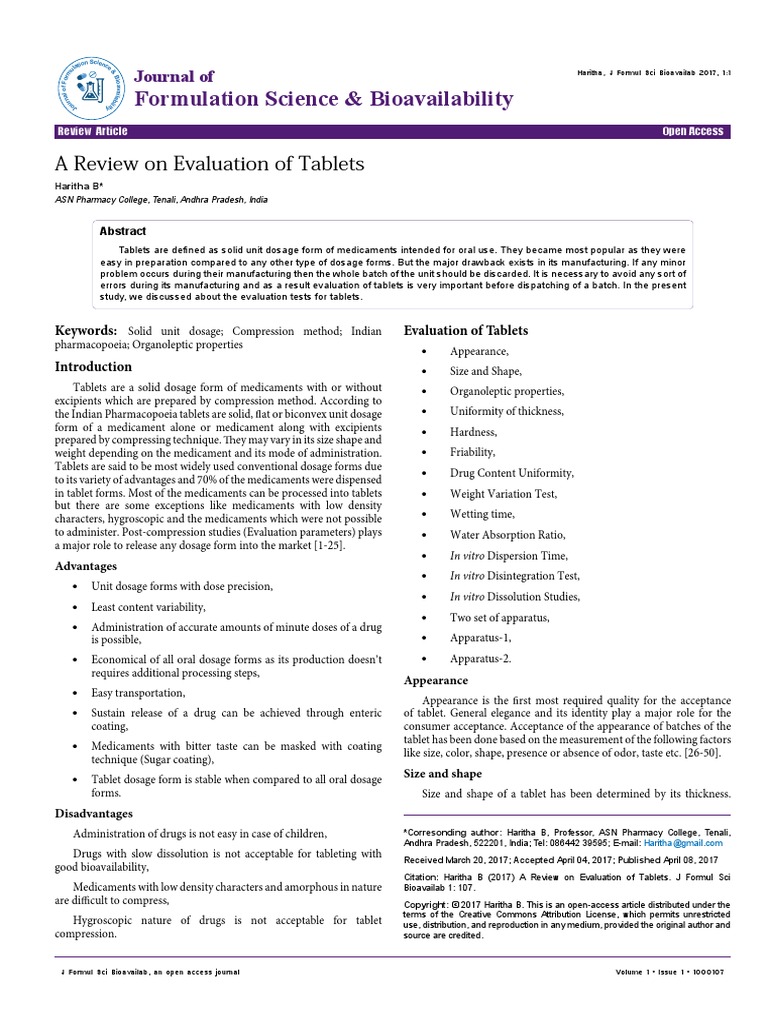 A Review on Evaluation of Tablets Tablet (Pharmacy) Pharmaceutical