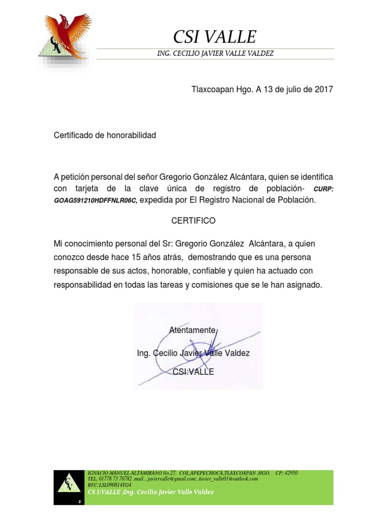 Carta de Honorabilidad PDF