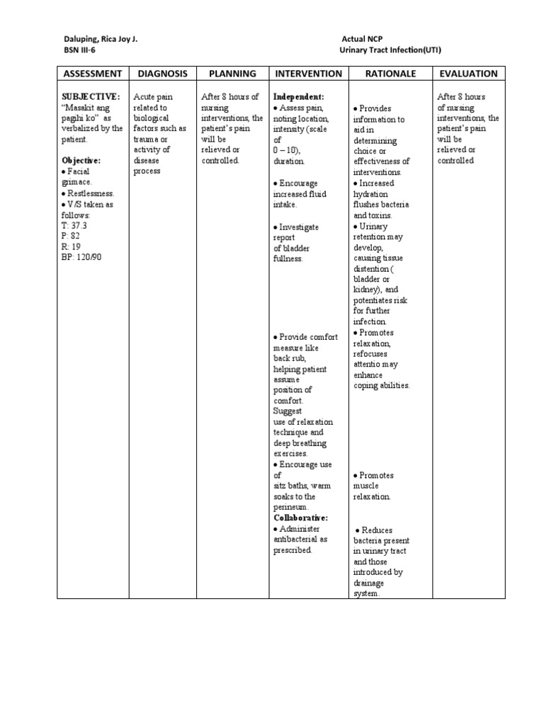 Nursing Care Plan for UTI Management | PDF | Pain | Urinary Bladder