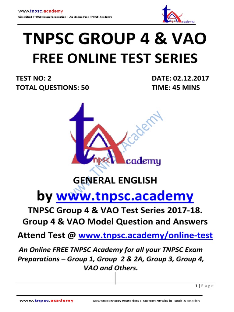 TNPSC Group 4 Vao - Test 2 - General English-ques&Ans | PDF | Literary ...