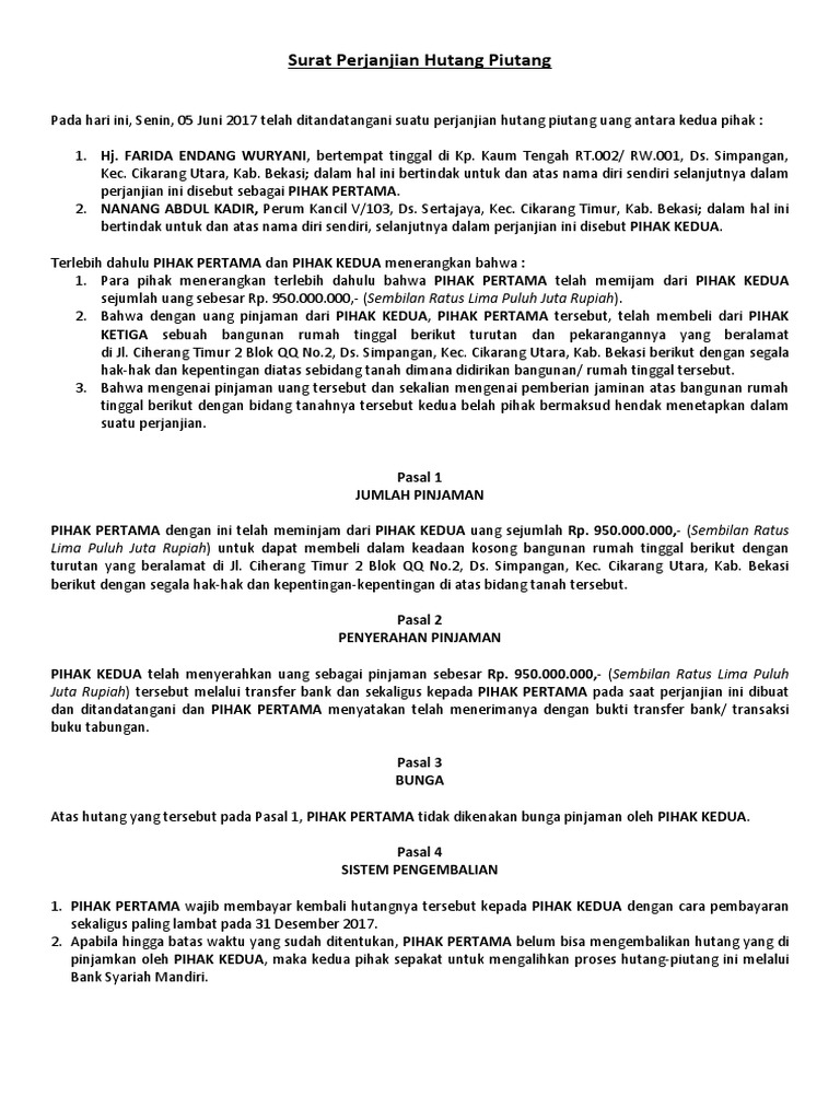 Contoh Surat Perjanjian Hutang Piutang