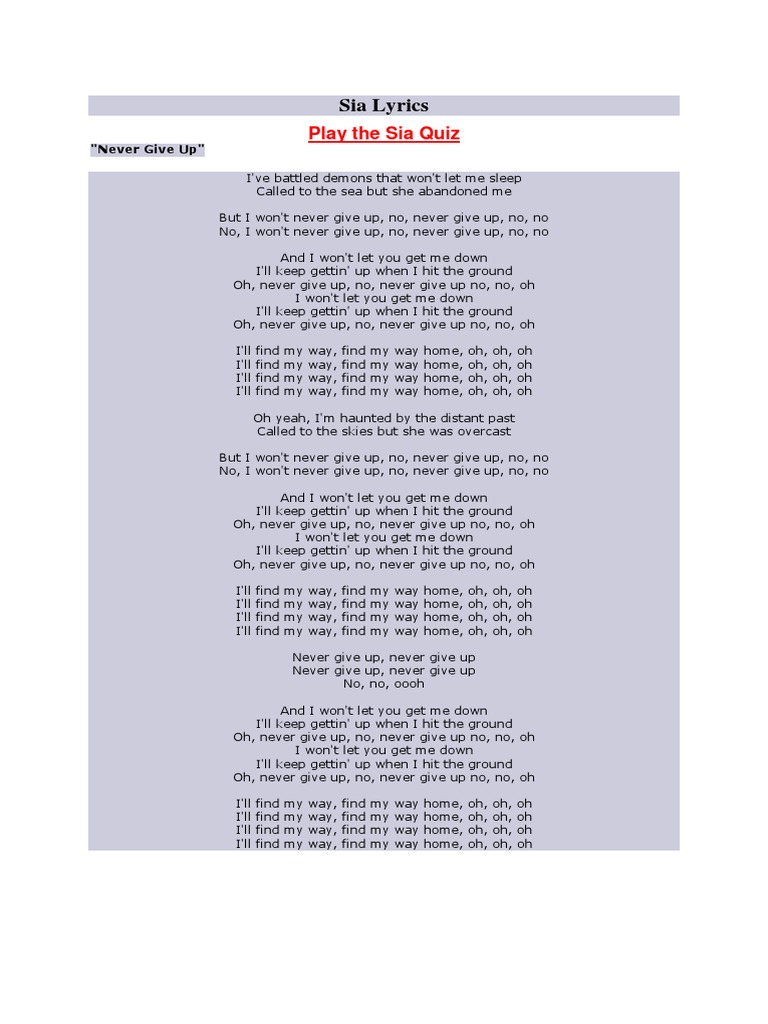 Sia - Never Give Up (Lyrics) 