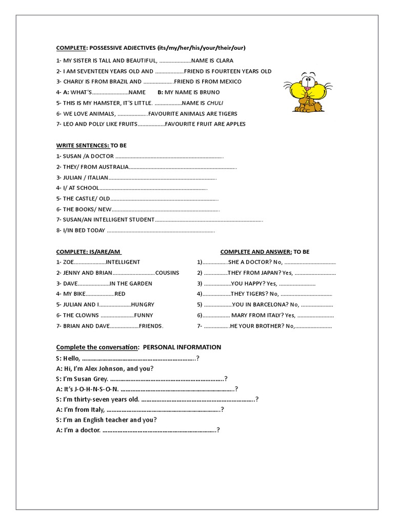 COMPLETE: POSSESSIVE ADJECTIVES (Its/my/her/his/your/their/our) | PDF ...