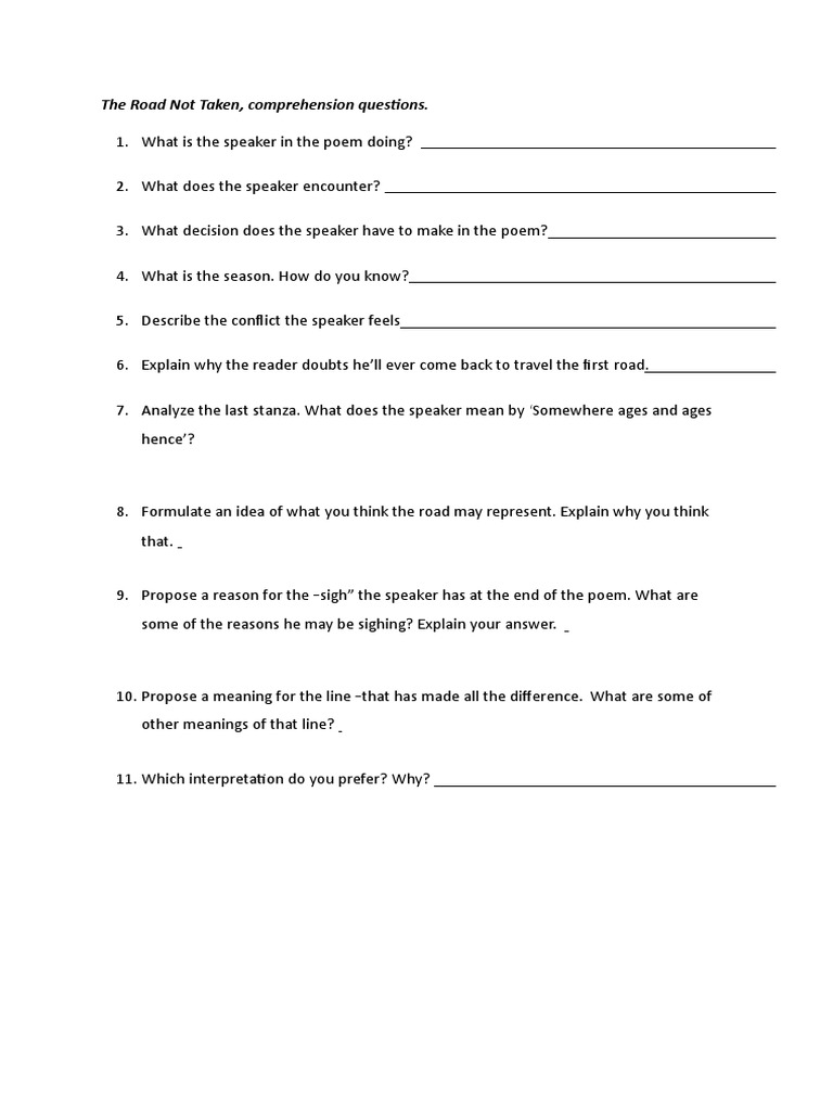 The Road Not Taken, Comprehension Questions | PDF