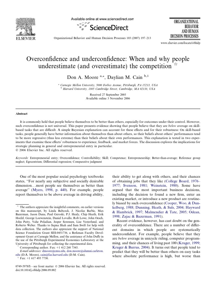 Overconfidence vs. Underconfidence in Competition | PDF | Experiment ...