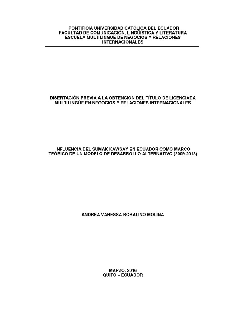 Influencia Del Sumak Kawsay en Ecuador Como Marco Teórico de Un Modelo