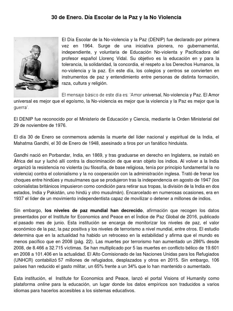 Día Escolar de La Paz y La No Violencia | PDF | Mahatma Gandhi | Agitación
