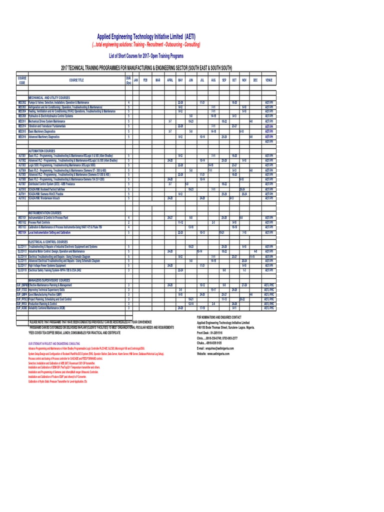 2017 Technical Training Calendar For Manufacturing Engineering Sector