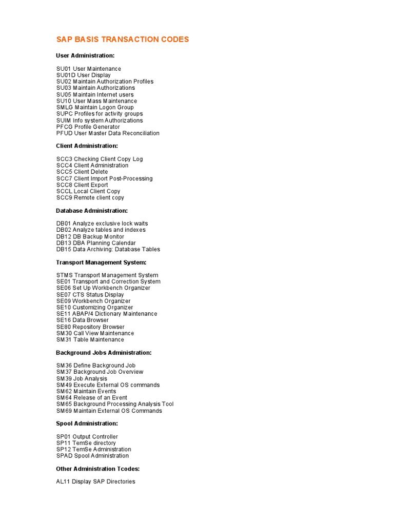 SAP Basis Transaction Codes Overview | PDF | Areas Of Computer Science ...