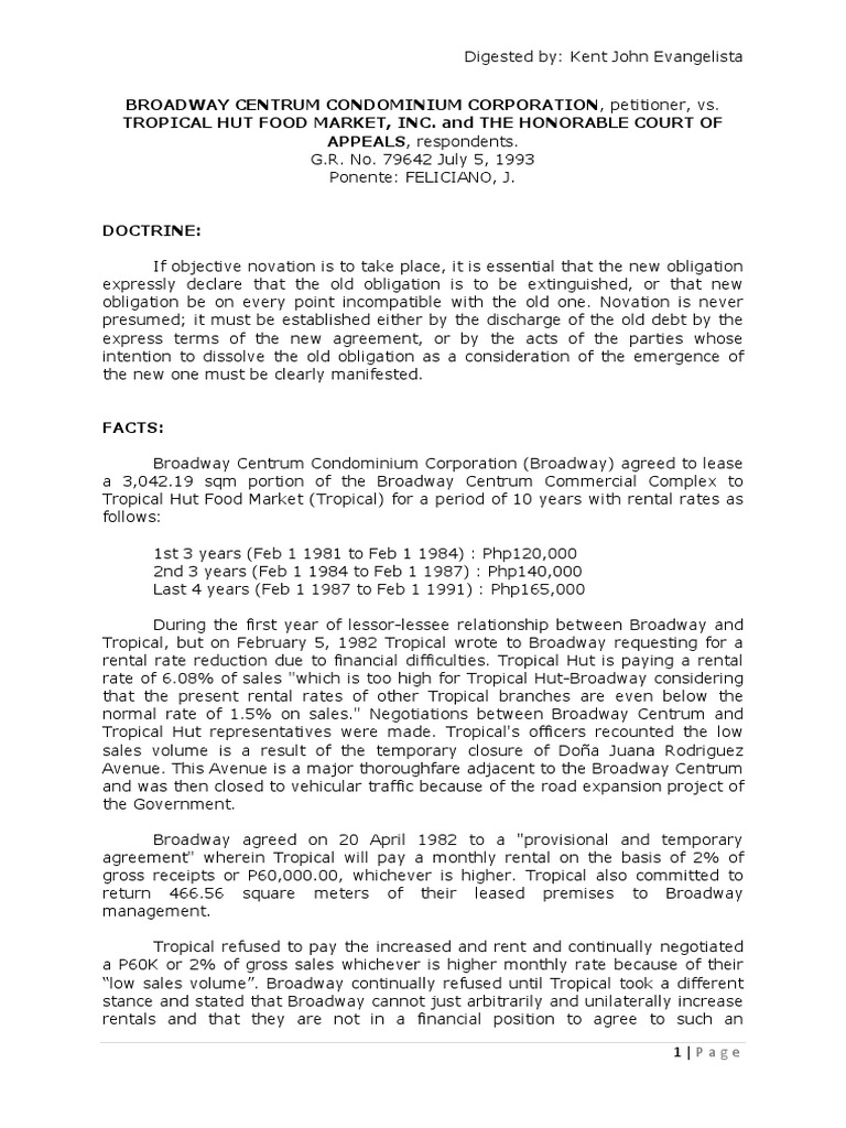 Broadway Centrum Condominium Corporation v. Tropical Hut, 224 SCRA 302