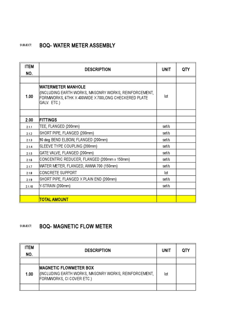 Lift Station, Water Meter, Flow Meter Boq | PDF | Machines | Equipment
