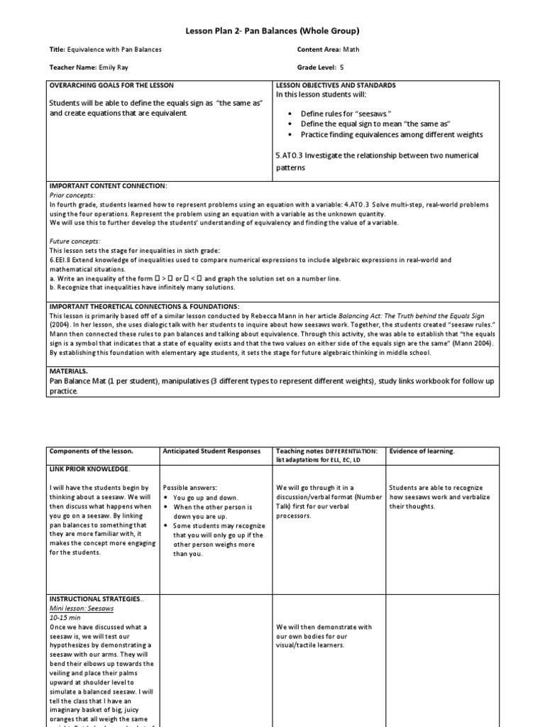 Lesson Plan 2 Pan Balances PDF Equations Teaching Mathematics