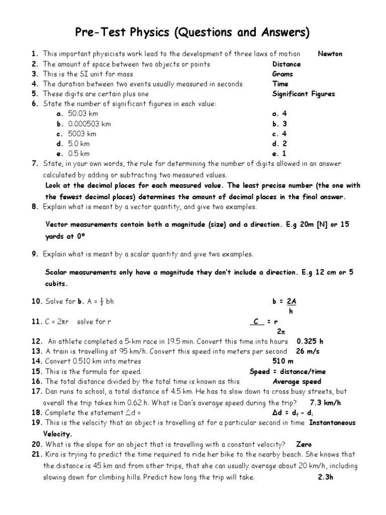 Physics Unit Test Questions and Answers | PDF | Speed | Acceleration