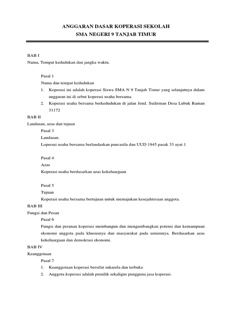 Anggaran Dasar Koperasi Sekolah