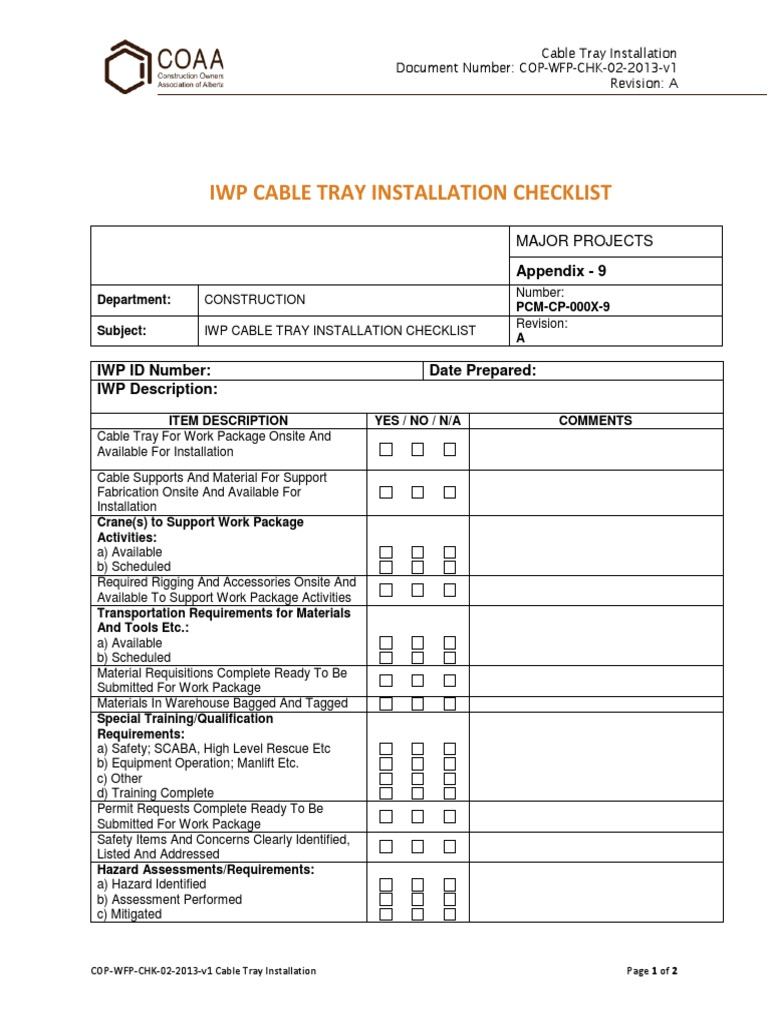 Cable Tray Installation Checklist | PDF | Specification (Technical ...