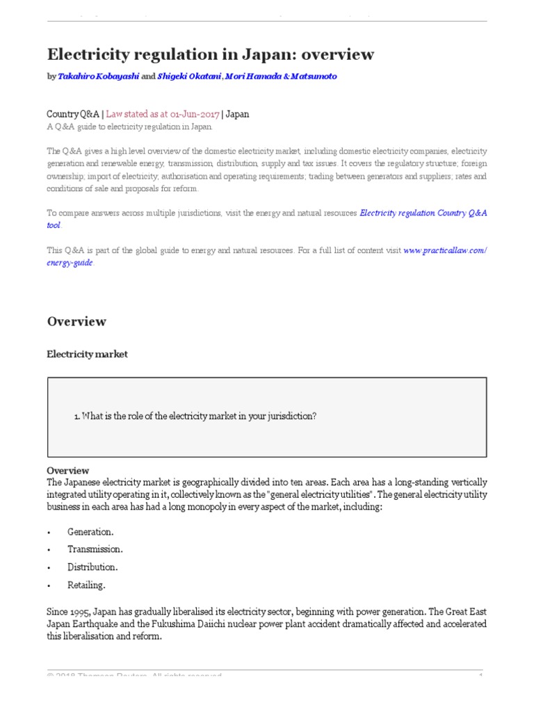 Electricity Regulation in Japan Overview Law Stated As at 01Jun2017