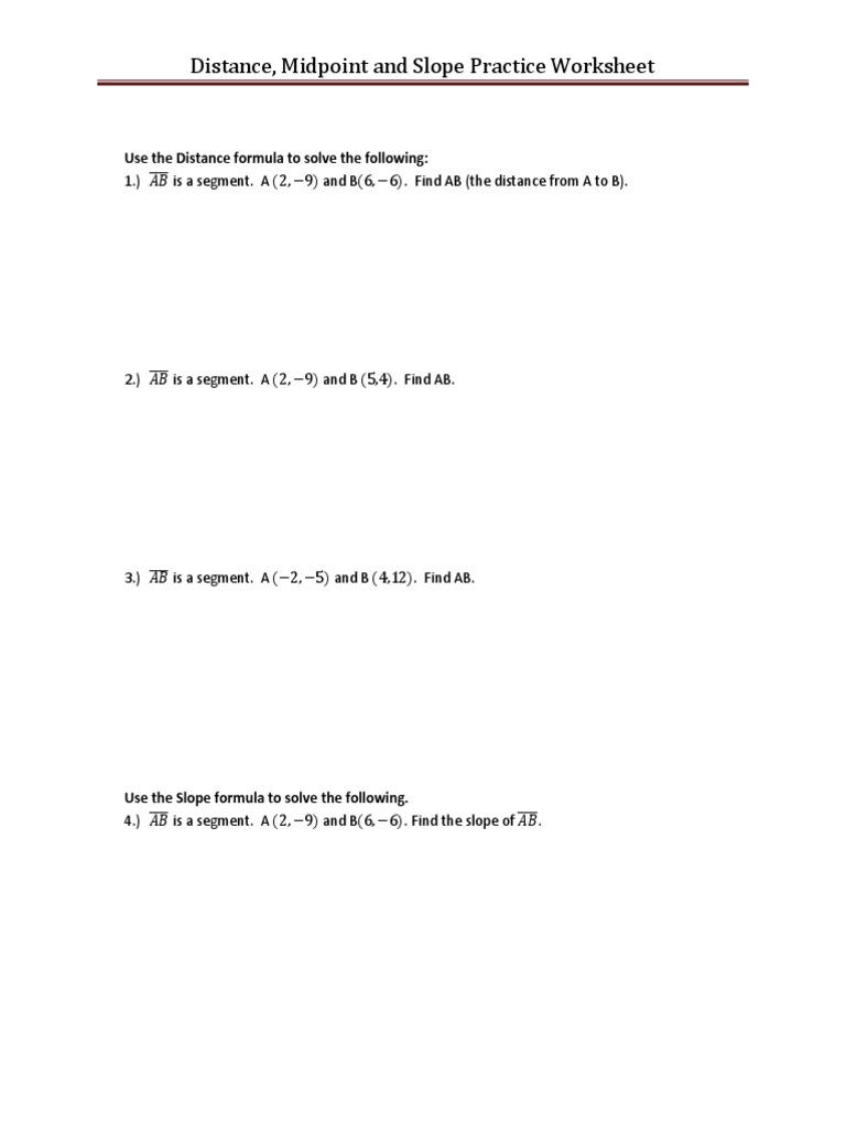 Distance Midpoint Slope Practice  PDF Regarding The Distance Formula Worksheet Answers