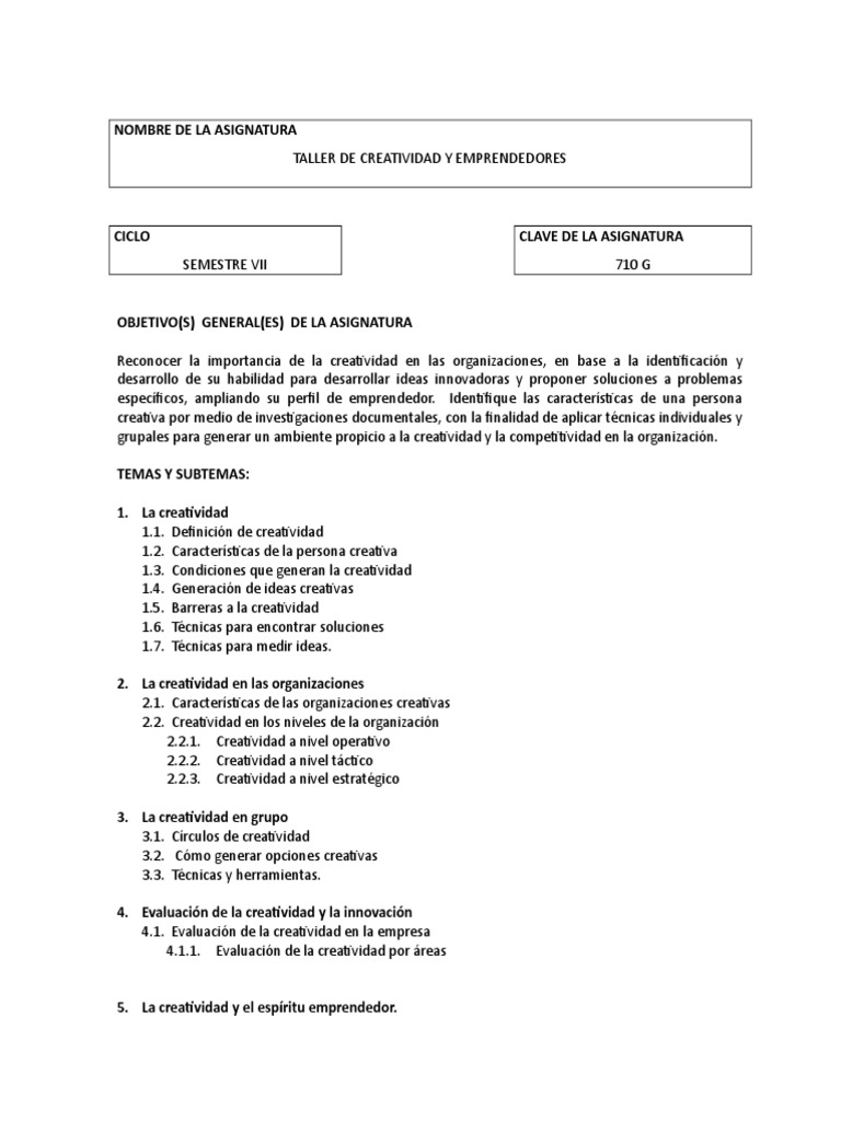 Taller de Creatividad y Emprendedores | PDF | Creatividad | Prueba ...