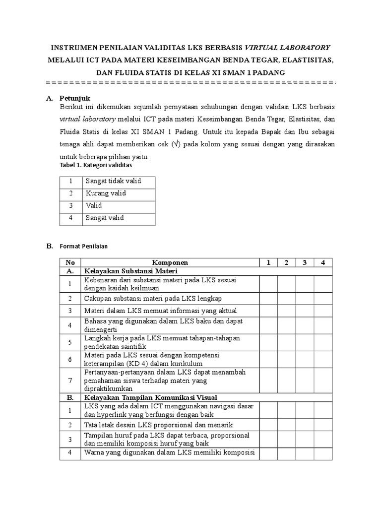Contoh Angket Validitas Untuk Penelitian Terkait Bahan Ajar Lks
