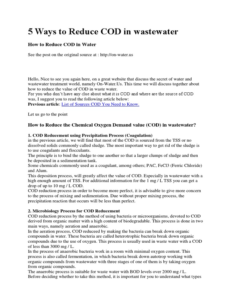 5 Ways to Reduce COD in Wastewater Sewage Treatment Redox