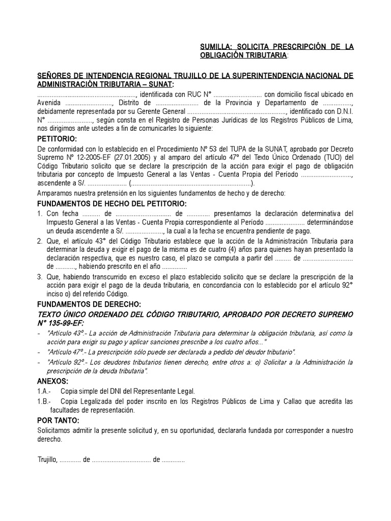 Modelo de Escrito de Prescripción de Deuda Tributaria en Sunat PDF