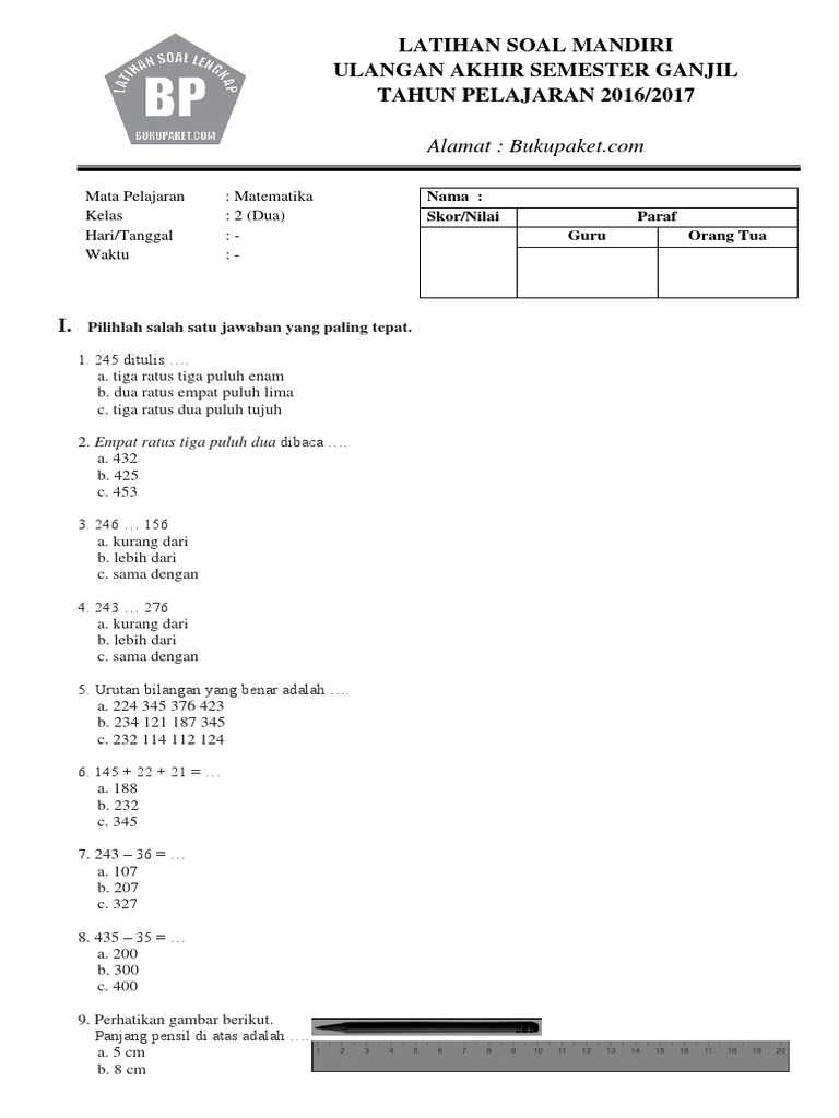 Latihan Soal UAS Matematika Kelas 2 SD