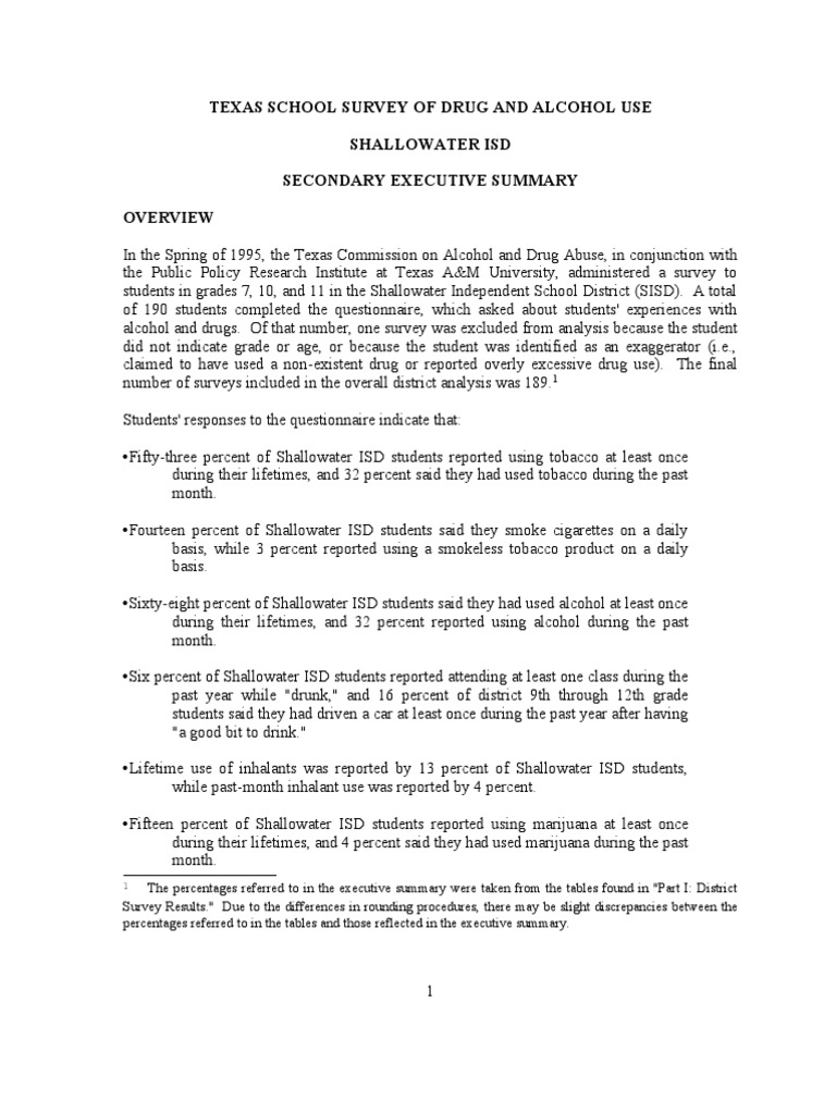 Shallowater Isd 1995 TEXAS SCHOOL SURVEY OF DRUG AND ALCOHOL USE PDF Recreational Drug Use