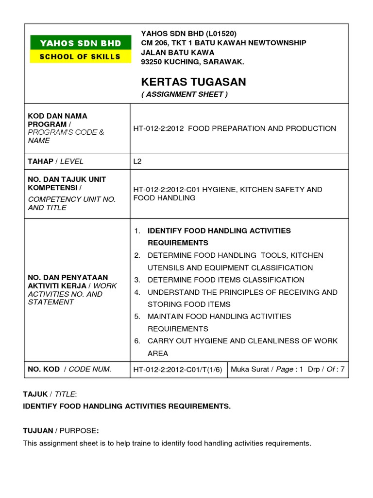 Food Handling Requirements: An Assignment Sheet on Identifying Proper ...