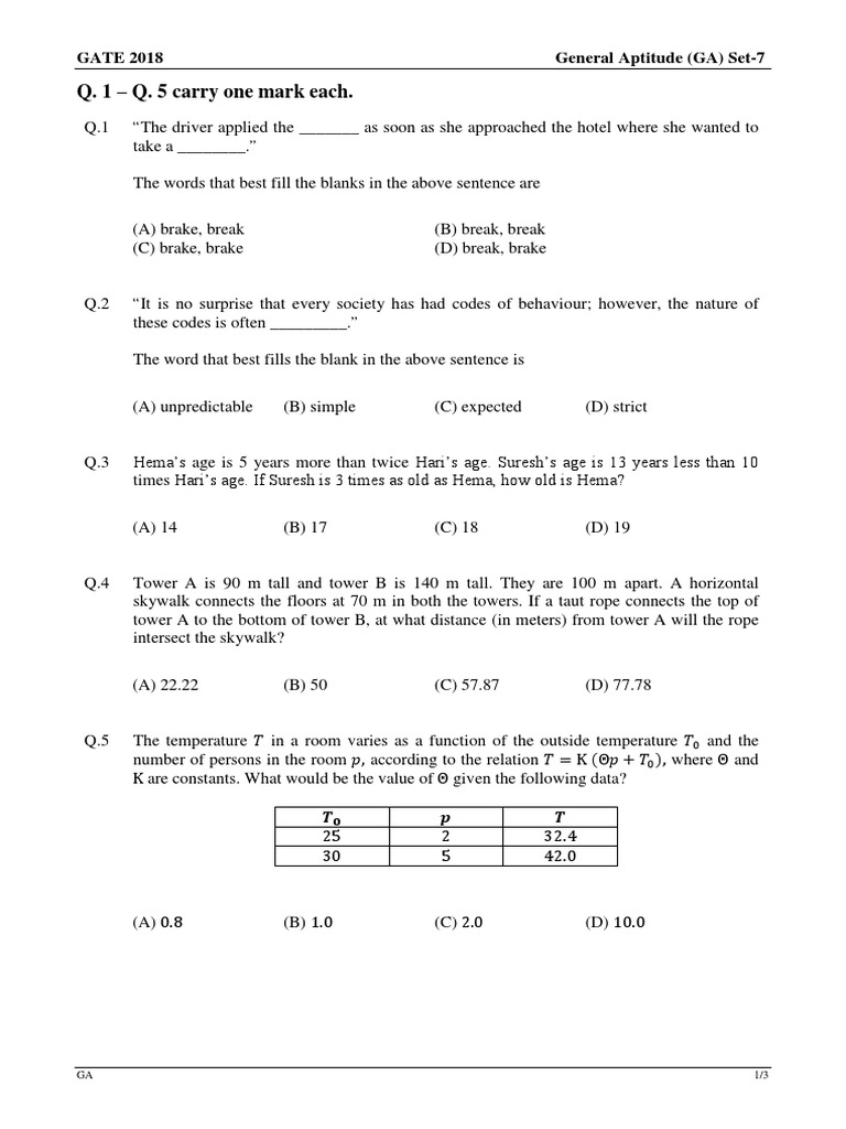 GATE 2018 General Aptitude Set-7 Questions | PDF | Strength Of ...