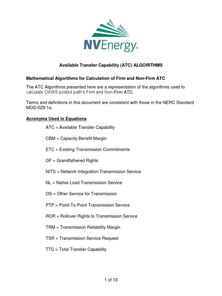 ATC Algorithms for Firm and Non-Firm Calculations | PDF | Electric ...