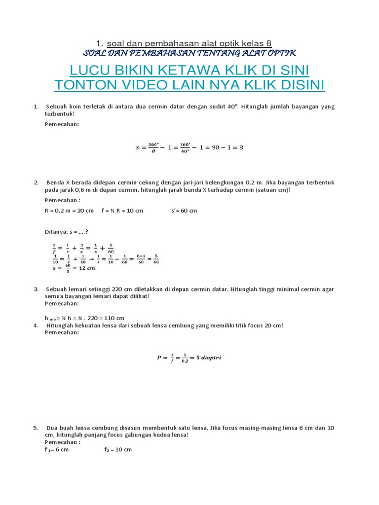 Contoh Soal Alat Optik Kelas 8 Berbagai Alat