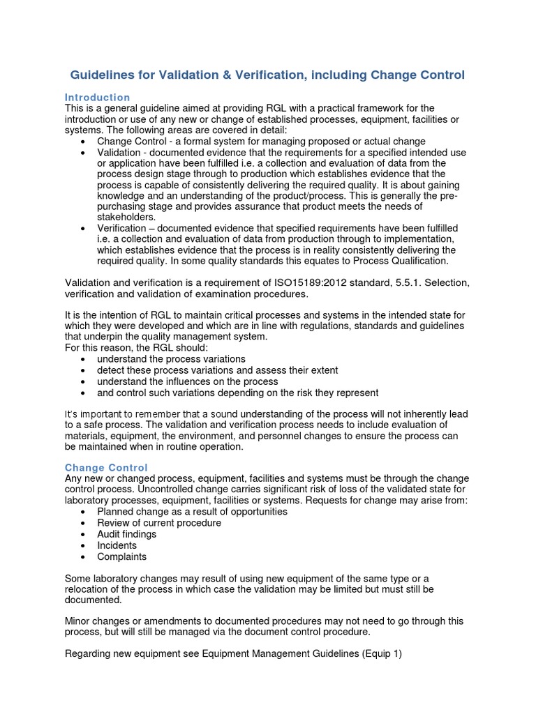 Guidelines For Validation & Verification, Including Change Control ...