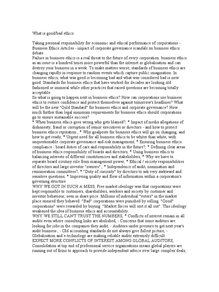 Good Bad Ethics Corporate Social Responsibility Corporate Governance