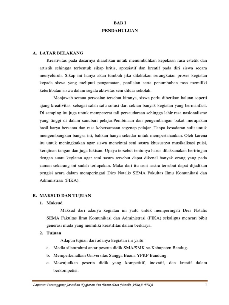 Bab I Pendahuluan Laporan Pertanggung Jawaban Kegiatan Pra Event Dies Natalis Sema Fika