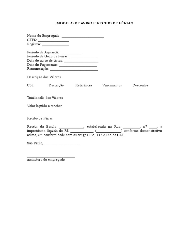 Modelo De Aviso E Recibo De Férias