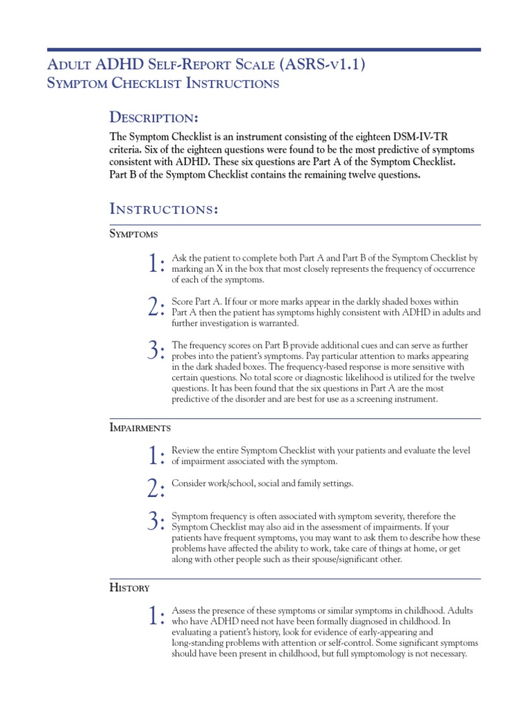ASRS-V1.1 Symptom Checklist Guide | PDF | Attention Deficit ...