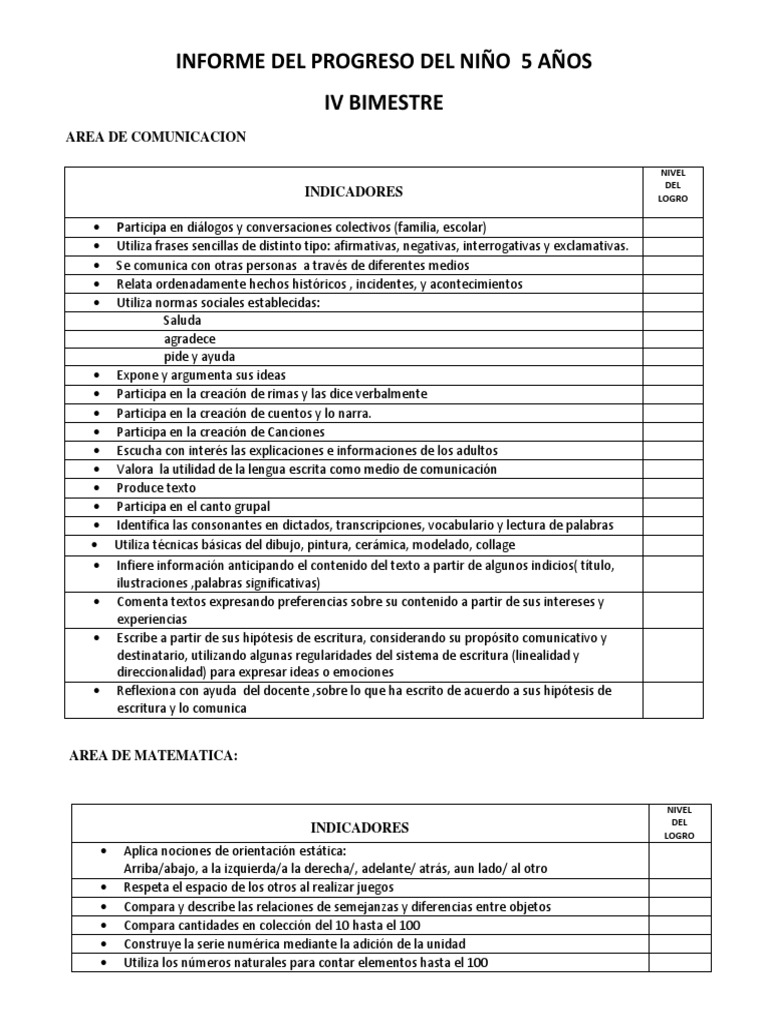 Informe Del Progreso Del Niño 5 Años - IV Bim | Escritura | Lectura ...